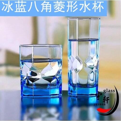 Best selling glass European blue octagonal diamond water cup heat resistant tea cup 300ml thickened whisky drink cup