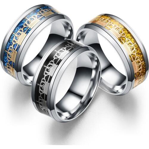 Hot Selling Gold/Black/Blue Crown Rings For Women Boho Hiphop Round Titanium Stainless Steel Finger Rings Men Engagement Jewelry