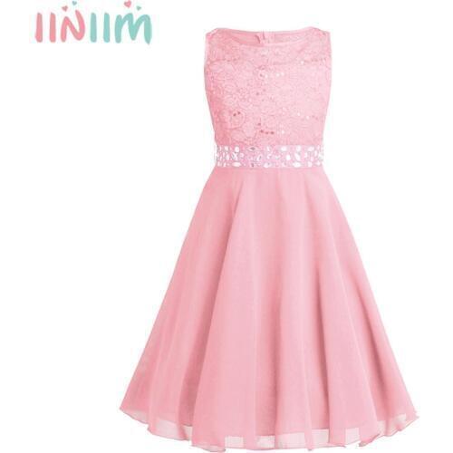 Iiniim Girls Kid Sequined Lace Chiffon Dress Sleeveless Flower Girl Dress Princess Pageant Wedding Vestidos Birthday Party Dress