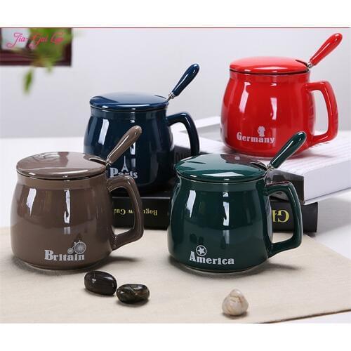 JIA-GUI LUO 3 pieces 1 set cup cover Spoon Creative ceramic coffee cup Breakfast cup Office and bar supplies G004