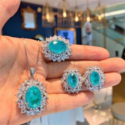 QTT Luxury Paraiba Tourmaline Gemston Oval 925 Silver Earrings Necklace Ring Set For Women Wedding Engagement Fine Jewelry Set