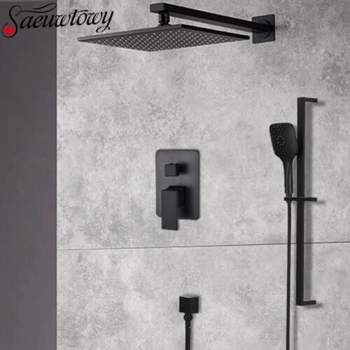 Wall/Ceil Mount Black Shower Faucets Set Rain Concealed Shower System Wall Mount Bathtub Shower Mixer Shower With Lifting Rod