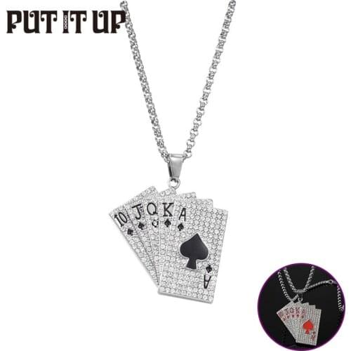 Playing Card Pendant Necklace Hip Hop Rock Street Titanium Stainless Steel Necklace Zircon Rap Jewelry Mens Birthday Gift