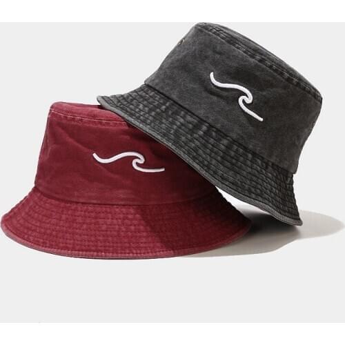 Wave washed denim bucket hat hip hop cotton 3D embroidered wavy jean panama solid summer beach sunhat female cap hiphop dropship