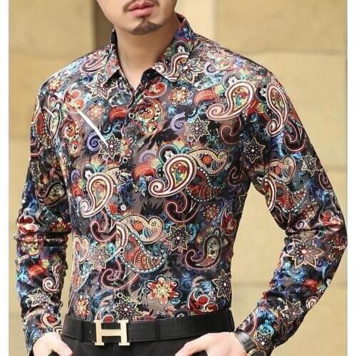 New Brand Luxury Mens velvet Silk Shirts Formal Dress Shirt Bandana Flower Print Mens Long Sleeved Shirt Slim Fit Spring Summer