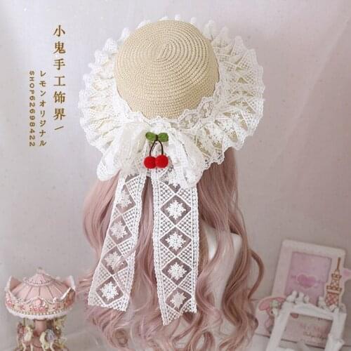 Japanese Straw Hat Lace Sweet Flat Top Cap Sunhat Pastoral Style Small Fresh Girls Cute Cherry Female Beach Hat Strawhat Cosplay
