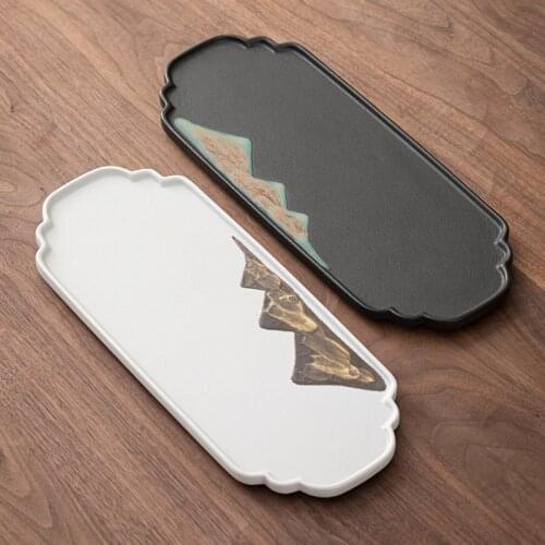 Japanese Hand Painted Mountain Shadow Bamboo Tea Tray Simple Rectangle Ceramic Tea Tray Saucer Small Tea Table Kungfu Tea Tray