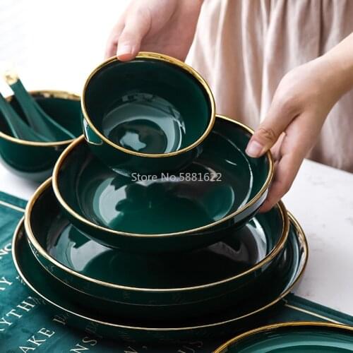 Green Ceramic Gold Inlay Plate Steak Food Plate Nordic Style Tableware Bowl Dessert Dish Dinner Dish Dinnerware Set