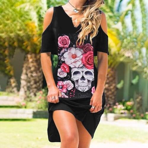 Womens Skull Print Casual Dress Strapless Loose Vintage Summer Floral Dress