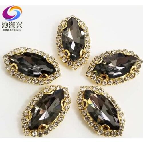 Gold bottom Gray color Top grade Glass Crystal buckle, eye shape sew on rhinestones with holes,Diy/jewelry accessories SWEKG03