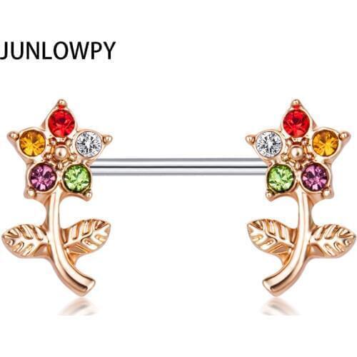 JUNLOWPY Stainless Steel 14 Gauge Nipple Ring Bar Double CZ Crystal Curved Flower Body Piercing Jewelry Ear Nipple Barbell 20pcs