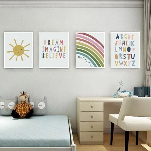 Abc Alphabet Canvas Poster Art Print Sun Rainbow Painting Nordic Nursery Wall Modular Picture Kids Baby Room Home Decoration