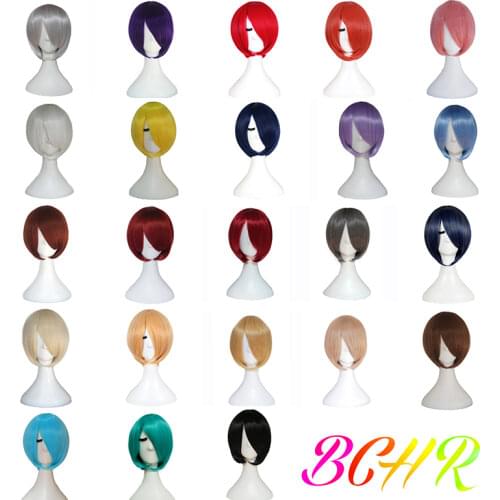 BCHR Short Bob Synthetic Cosplay Wig With Side Bang For Women Straight Blonde Wig Brown Blue Black Pink 24 Color Party Wigs