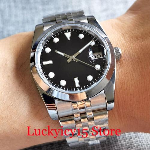Dress 36mm/39mm Black NH35A Nologo Mechanical Men Watch Luminous Index Jubilee Bracelet Date Magnifier Screwdown Crown