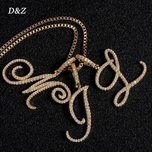 D&Z New A-Z Cursive Letters Name Pendant &Necklace With Box Chain Iced Out Cubic Zircon Gold Silver Color Charm Hip Hop Jewelry