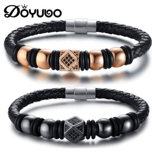 DOYUBO Vintage Mens Black Genuine Leather Bangle With Rose Gold Stainless Steel Rhinstones Charms Bracelet Accessories DD085