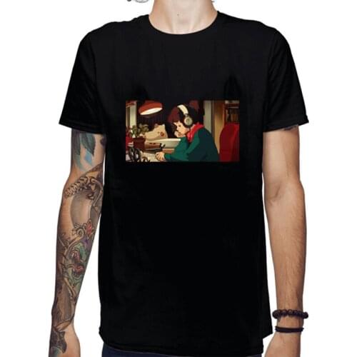 Japanese Anime printed lofi hip-hop radio relax learning rhythm music of classic T-shirt Listen attentively O-Neck woman tshirts