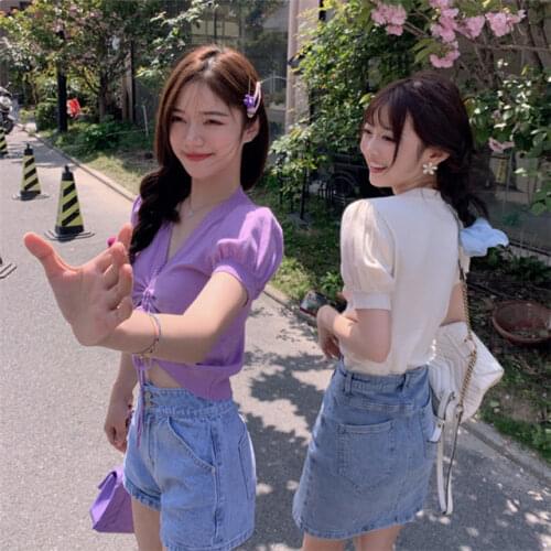 Woman TShirts Retro V-neck Purple Knitted Womens Drawstring Short Sleeve Summer T-shirt Top Crop Top Mujer Camisetas