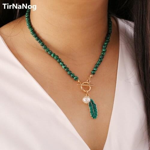 Personality vintage leaves pearl drops oil necklace fashionable green stone pendant necklace women jewelry gifts