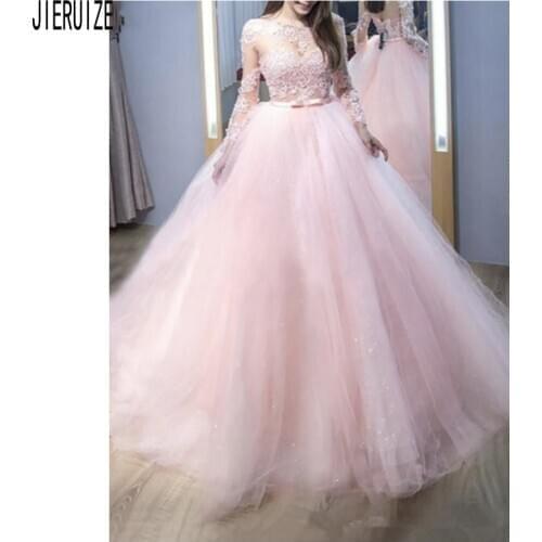 JIERUIZE Pink Sexy Boho Wedding Dresses O Neck Long Sleeves Illusion Back Bridal Gowns Appliques Bow Sashes vestidos de noiva