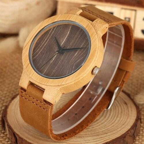 Coffee Dial Black Analog Bamboo Wood Men Watches Quartz Casual Natural Mens Genuine Leather Wristwatch Relojes masculinos