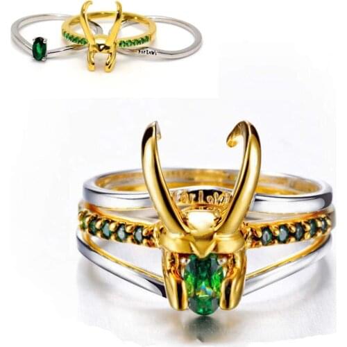 KSRA 3pcs/set Super Hero Thor Loki Cool Rings For Men Women Green Zircon Finger Ring Vintage Jewelry Charms Loki Cosplay Gift