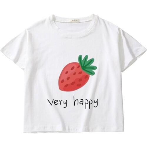 Very happy Strawberry graphic crop tops women 100% cotton kawaii short women t shirt O-neck short tee summer top women clothes