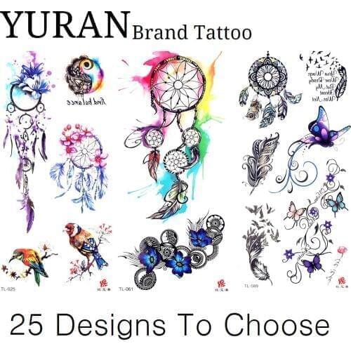 Henna Dreamcatcher Watercolor Temporary Tattoo Butterfly Birds Tatoo Women Girl Body Art Neck Feather Water Transfer Tattoo