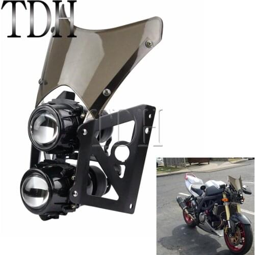 Motorcycle Universal Twin Stacked Projector Headlight With Black Brackets Windscreen Street Motor Dual Sport For Honda Kawasaki