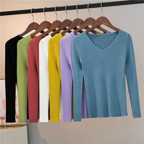 Soft and warm V-neck sweater womens long-sleeved 2021 autumn and winter new style Korean fashion slim stretch bottoming sweater