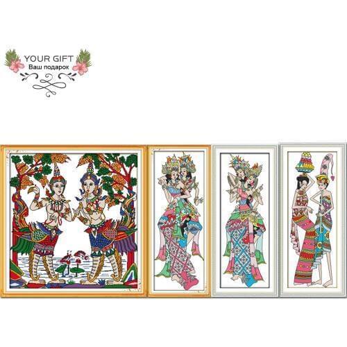 Joy Sunday R713R721(1)R722(2)R723(3) Counted and Stamped Home Decor Thailand Dance Indonesian Dancing Cross Stitch Kits