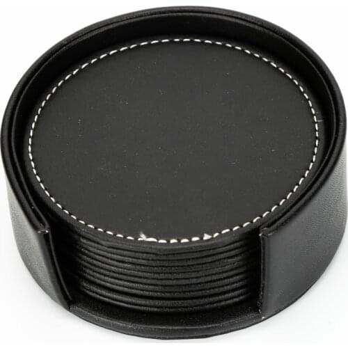 Set of 6 Leather Drink Coasters Round Cup Mat Pad for Home and Kitchen Use Black