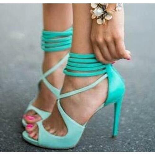 Newest Delicate Turquoise Strappy Sandas High Heel Cut-out Cross Strap Women Dress shoes woman Summer Cage shoes woman
