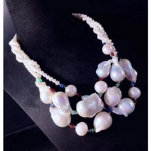 Baroque natural fresh water pearl necklace 19 inch big and small pearl mixed multi layers fashion women jewelry free shipping