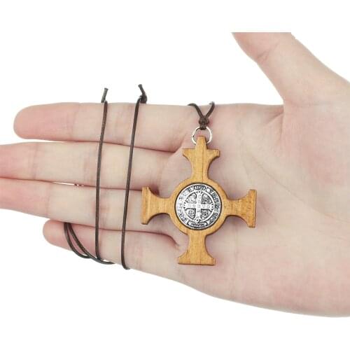 Wood St Benedict Exorcism Medal Pendant Necklace Catholic Roman Cross Demon Protection Rope Chain Necklaces Prayer Jewelry