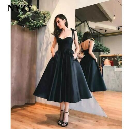 P134 NYZY Vintage Satin Pockets Black Prom Dresses 2021 Evening Gowns Wedding Party Dress Cocktail Graduation Homecoming