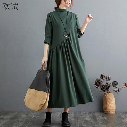 Oversized Long Sleeve Turtleneck Dress Women Pleated Elegant Ladies Vestidos Spring Autumn Cotton Loose Vintage Dress Robe Femme