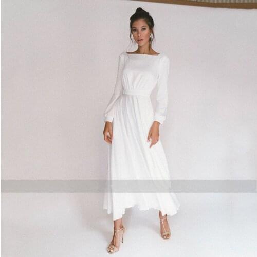 Simple Vintage Wedding Dresses Short Ankle-Length Long Sleeves A-Line Bride Dress with Pockets Plain White Ivory Wedding Gowns