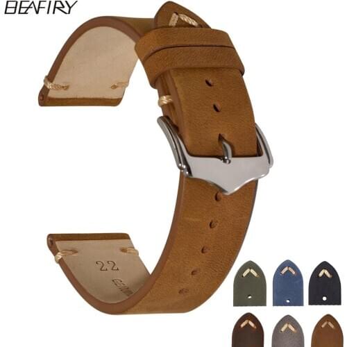 BEAFIRY Crazy Horse Calfskin Leather Watch Band Strap 18mm 20mm 22mm Brown Blue Green Grey Black Belt Wtchband for men women