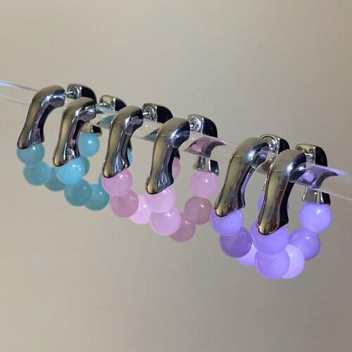 VSnow Korean Simple 3 Designs Geometric Hollow Blue Pink Purple Hoop Earring for Women U Shape Metal Beaded Earring Jewellery