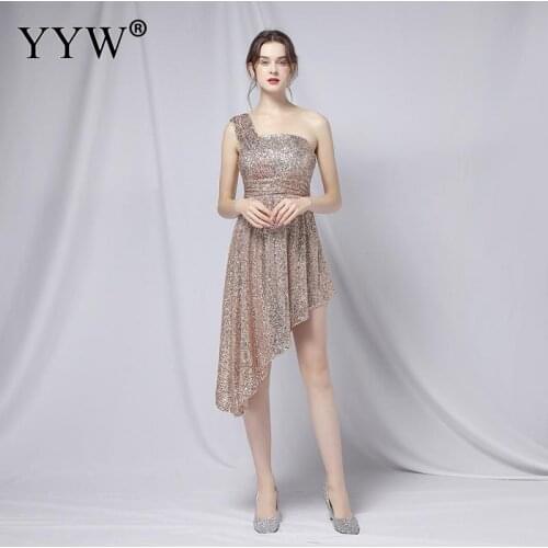 Women One Shoulder Irregular Cocktail Party Dresses Women Elegant Decent Short Evening Party Dress Chic Sequins Ball Gown Dress
