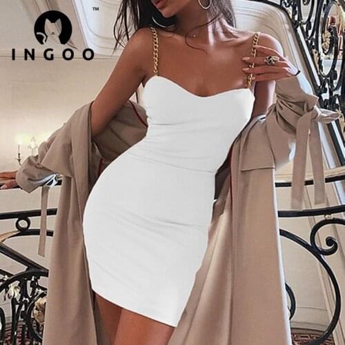 INGOO Summer Sexy Slim Dress Party Night Woman Chain Strap Stylish V Neck White Elegance Bodycon Backless Women Dresses Vestidos