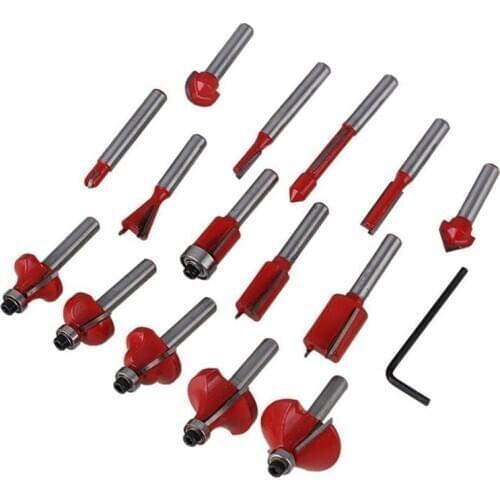 1/4 15pcs Carbide Shank Wood Router Set Woodworking Cutter Trimming Knife Forming Milling Cutter Pack In Wood Case