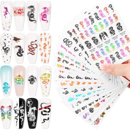 16sheets 3D Nail Stickers Decals Red Black Dragons Design Adhesive Stickers Nail Art Decoration Water Wraps Tool