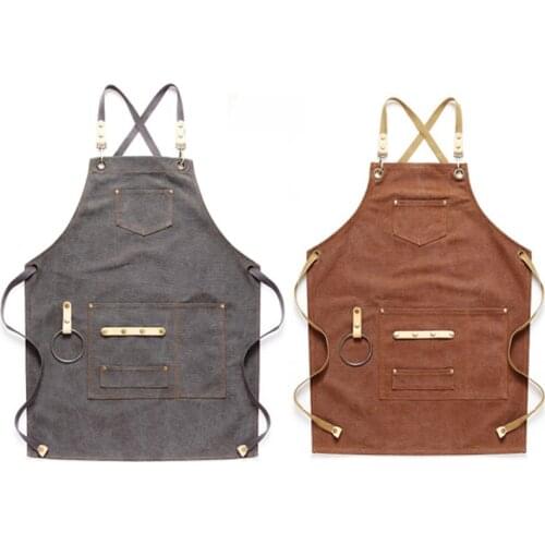 2x Brown/Dark Gray Canvas Apron Bib Leather Chef Kitchen Apron for Women Men Barista Bartender Pockets