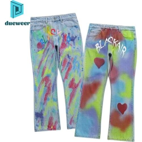 Dueweer Men Graffiti Wide Leg Jeans Women Tie Dye Flare Jeans Harajuku Streetwear Skinny Hip Hop Denim Pants