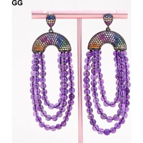 GuaiGuai Jewelry Natural Purple Amethyst Multi Color Cz Pave Earrings For Women