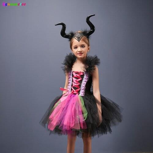 Witch Mal Costume for Girls Kids Halloween Carnival Party Dresses Children Villain Cosplay Clothing Maleficent Tutu Vestidos