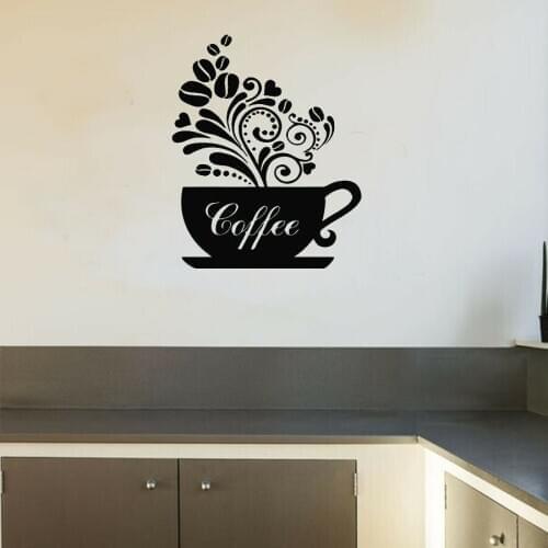 Creative Cup Of Steamy Coffee Floral Style Coffee Beans Hearts Kitchen Wall Sticker Cafe Vinyl Art Decal Home Decor Wallpaper