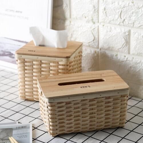 Square Bamboo Chip Tissue Box with Wood Lid Desktop Storage Vanity Box Desktop Storage Vanity Case Friendly Creative Home Decor
